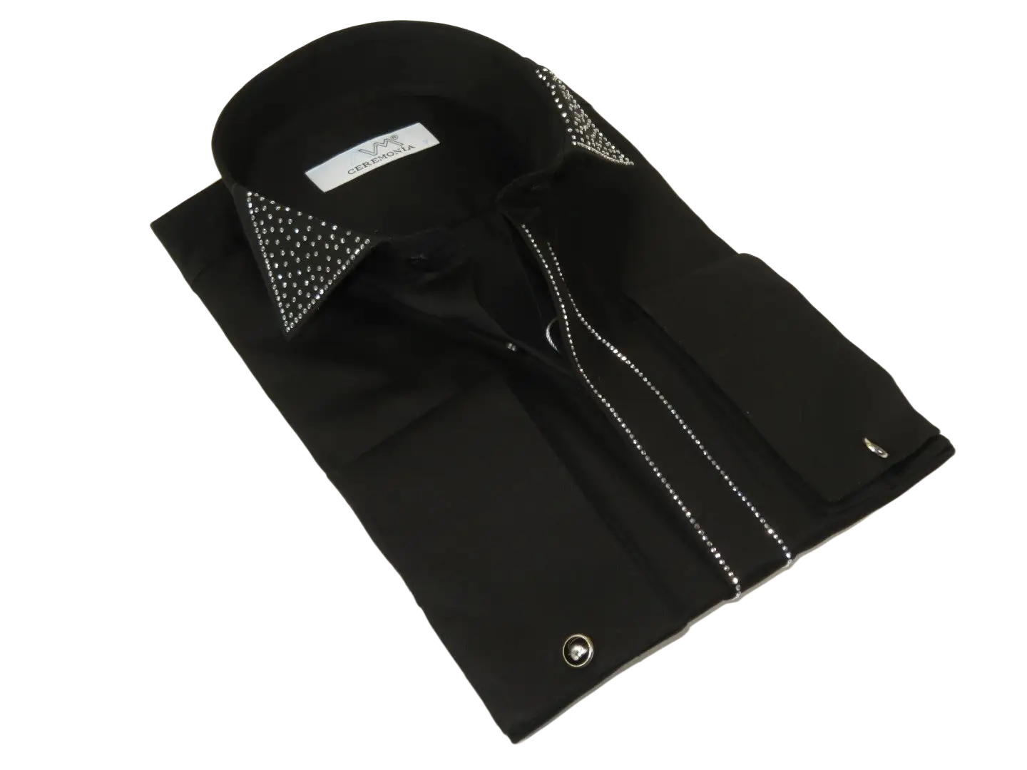 Men CEREMONIA Formal Cotton Shirt Rhinestone Slim Fit Turkey #ATS 115 Black