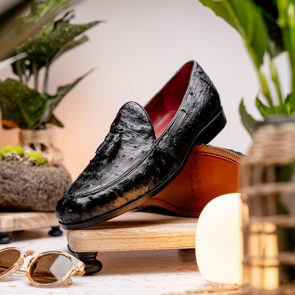 Aubiere Genuine Ostrich Quill Tassel Loafers Black