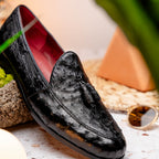Aubiere Genuine Ostrich Quill Tassel Loafers Black