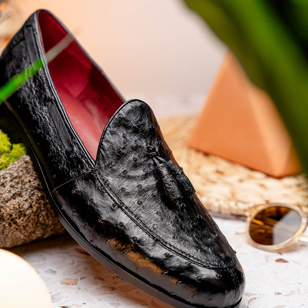 Aubiere Genuine Ostrich Quill Tassel Loafers Black