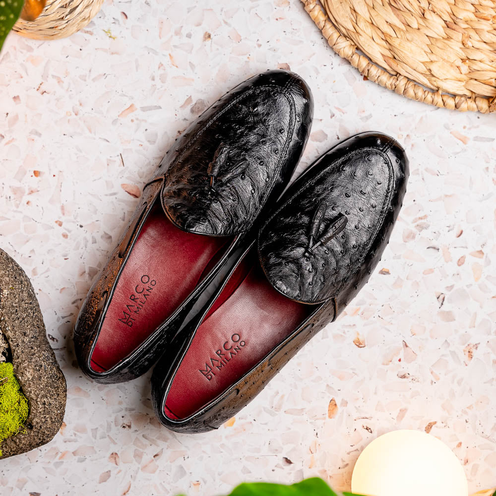 Aubiere Genuine Ostrich Quill Tassel Loafers Black