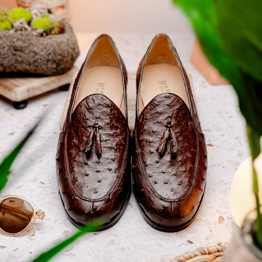 Aubiere Genuine Ostrich Quill Dress Tassel Loafers Brown