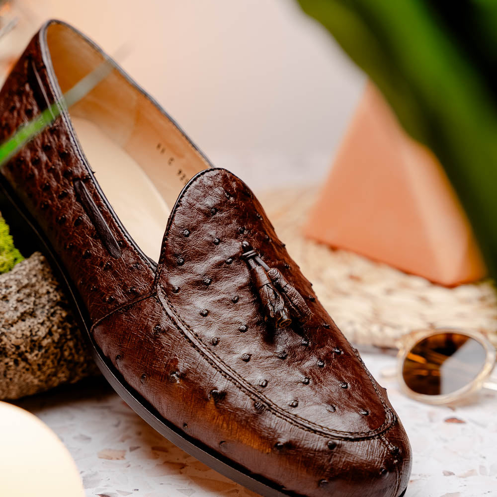 Aubiere Genuine Ostrich Quill Dress Tassel Loafers Brown
