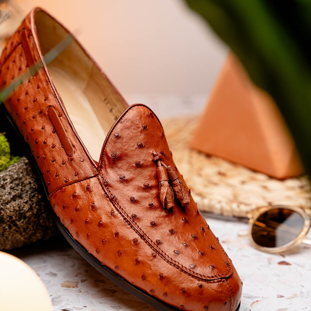 Aubiere Genuine Ostrich Quill Dress Loafer Cognac