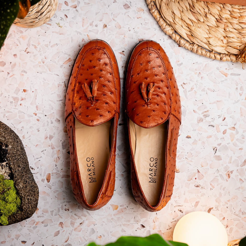 Aubiere Genuine Ostrich Quill Dress Loafer Cognac