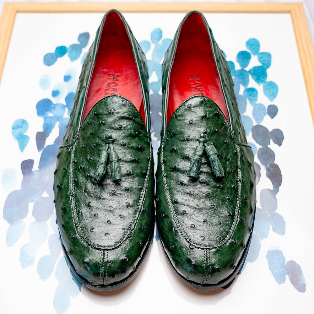 Aubiere Genuine Ostrich Quill Tassel Loafers Shoes Forest Green