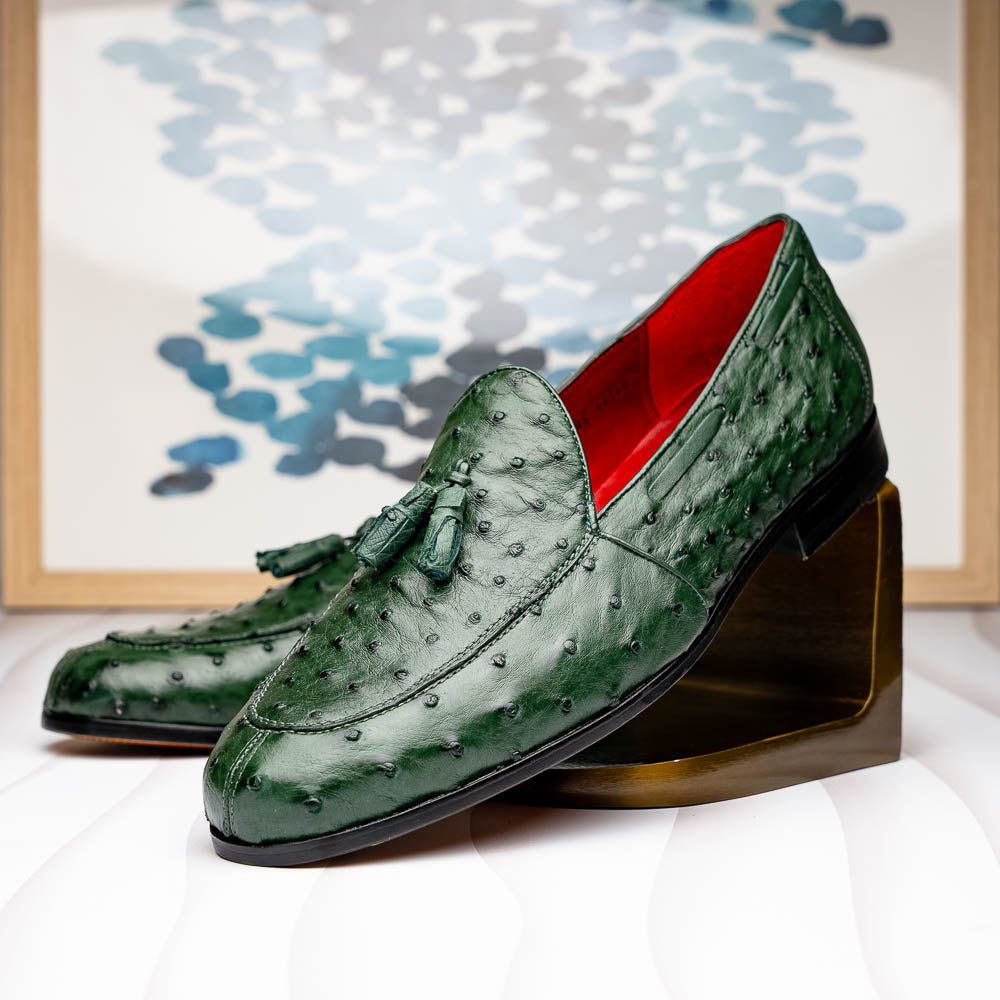 Aubiere Genuine Ostrich Quill Tassel Loafers Shoes Forest Green