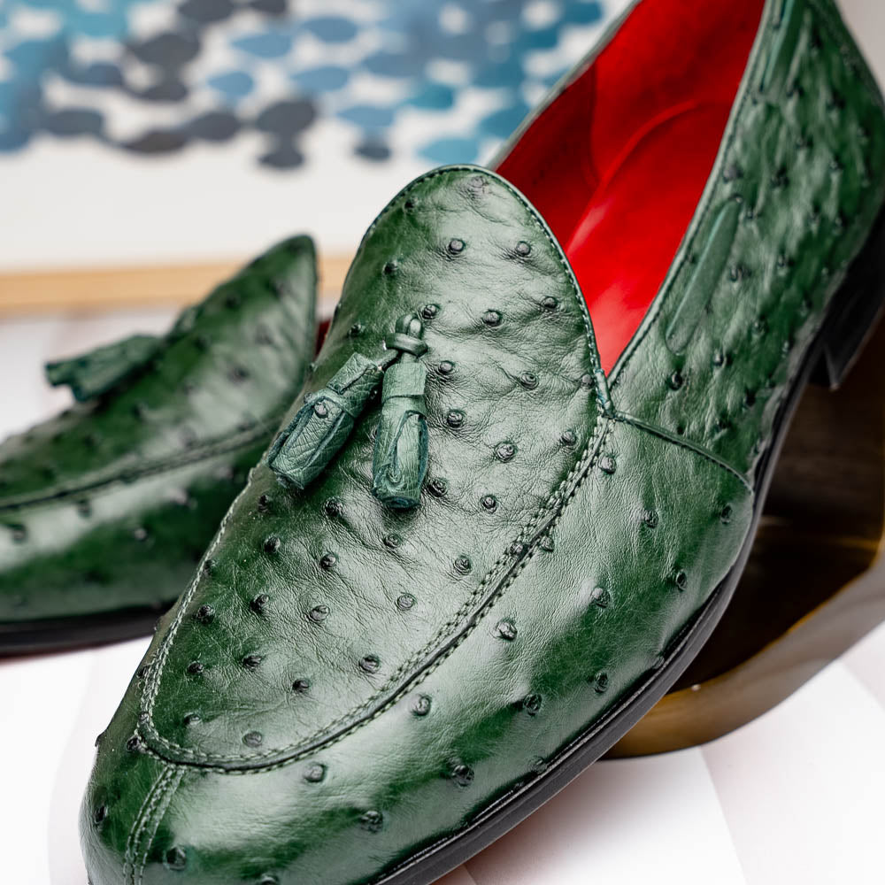 Aubiere Genuine Ostrich Quill Tassel Loafers Shoes Forest Green
