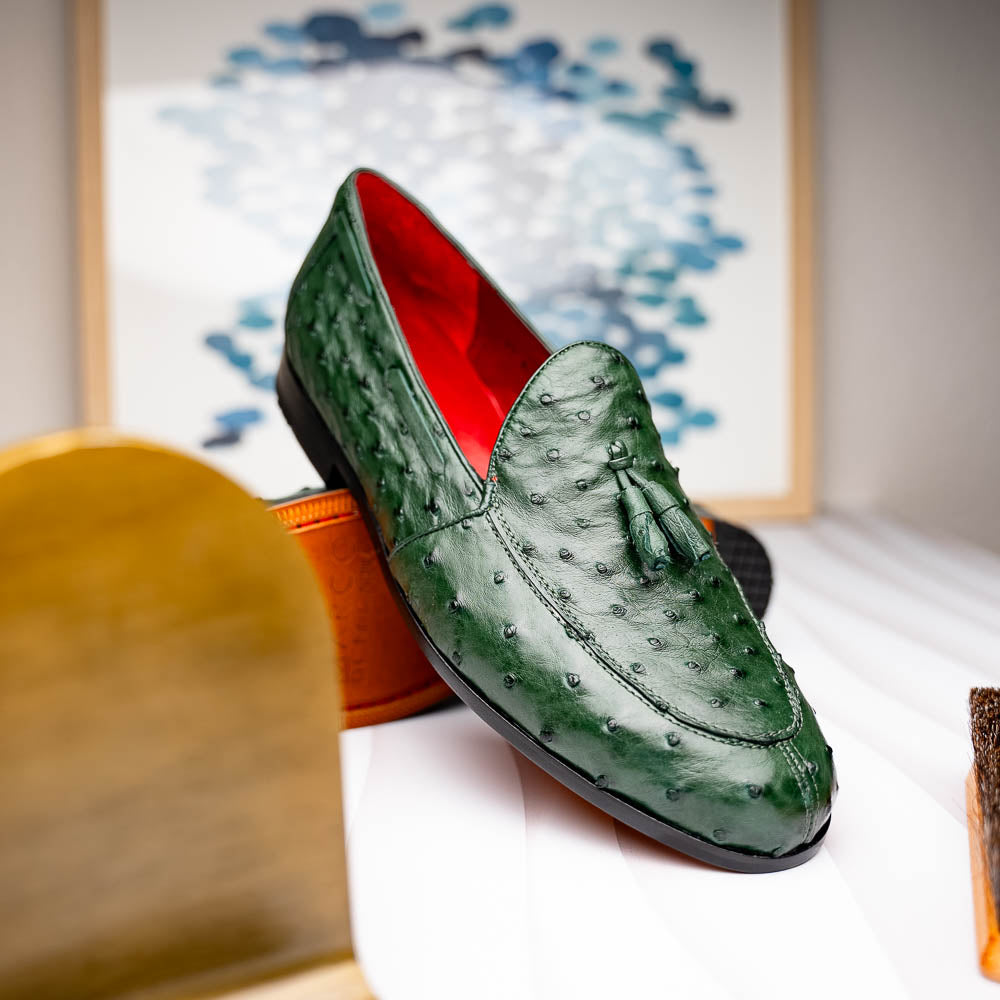 Aubiere Genuine Ostrich Quill Tassel Loafers Shoes Forest Green