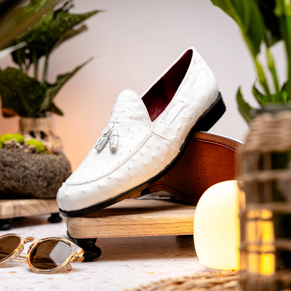 Aubiere Genuine Ostrich Quill Loafers Tassel Shoes White
