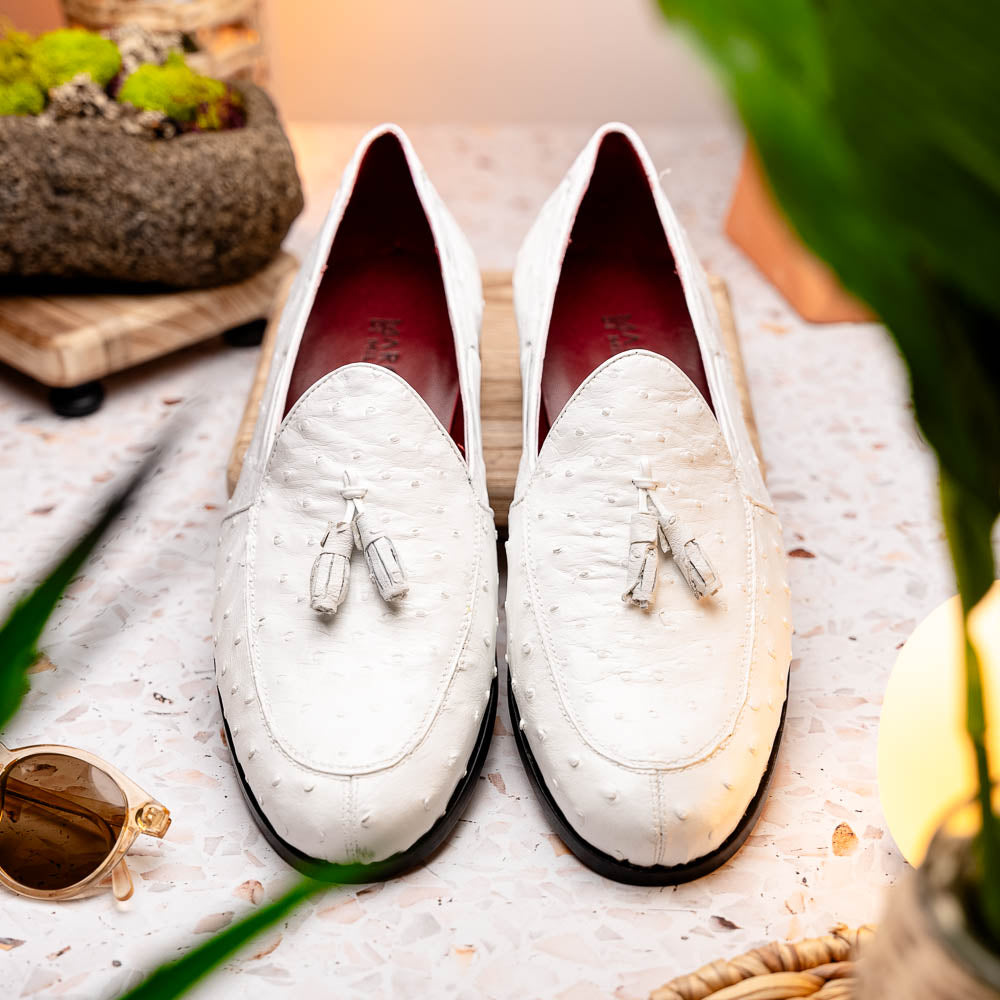 Aubiere Genuine Ostrich Quill Loafers Tassel Shoes White