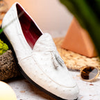 Aubiere Genuine Ostrich Quill Loafers Tassel Shoes White