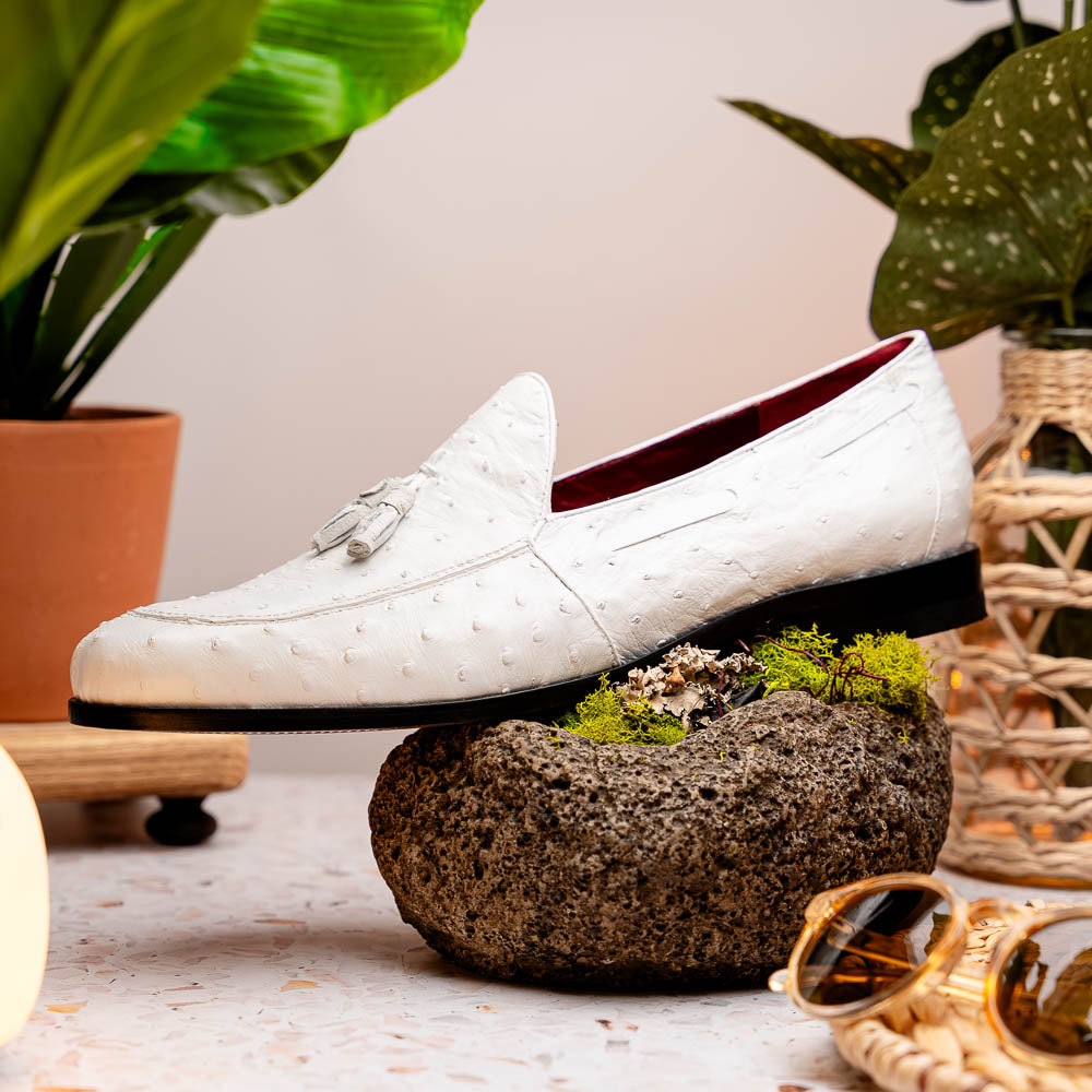Aubiere Genuine Ostrich Quill Loafers Tassel Shoes White