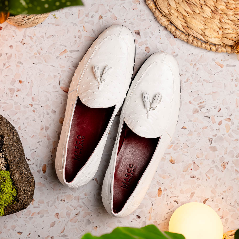 Aubiere Genuine Ostrich Quill Loafers Tassel Shoes White