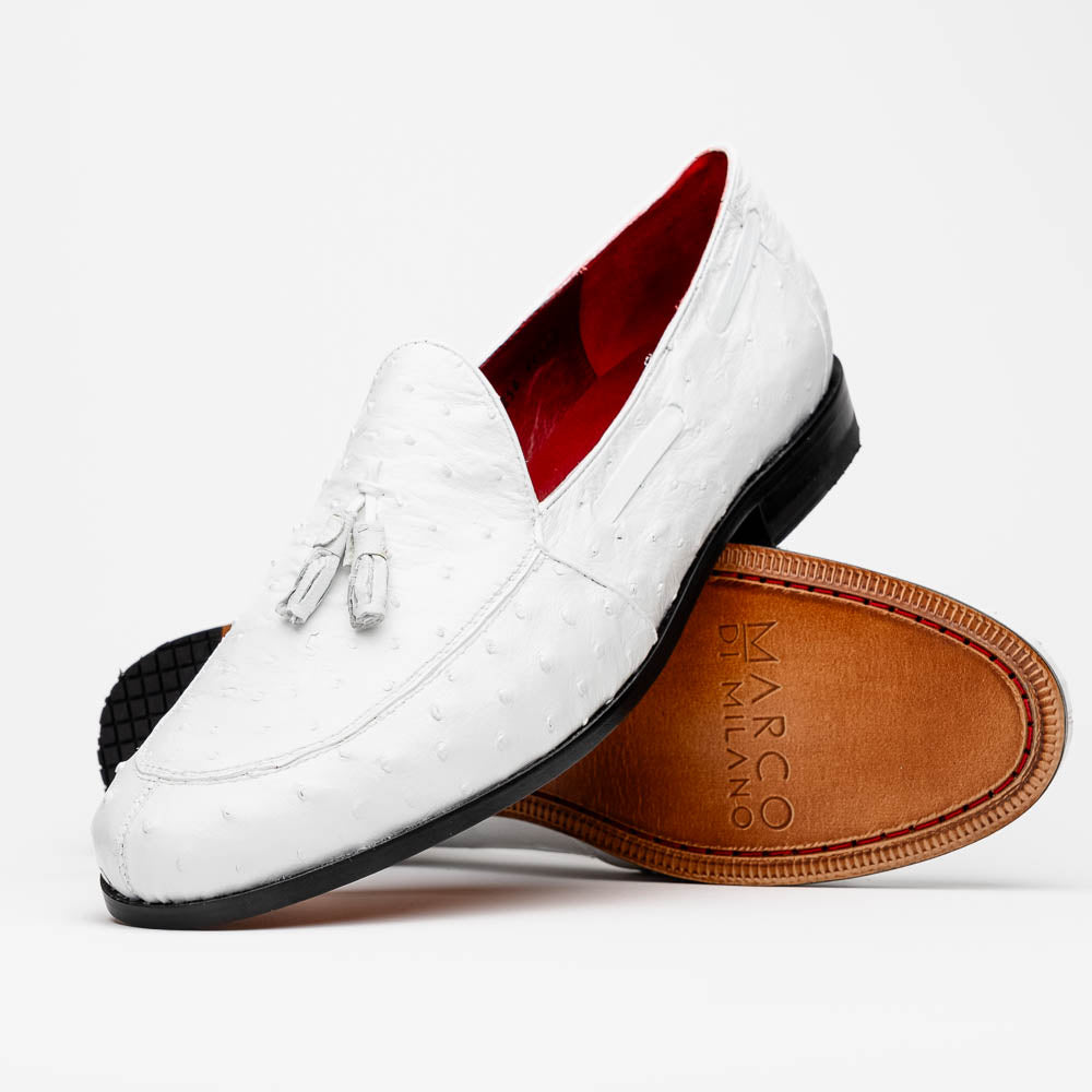 Aubiere Genuine Ostrich Quill Loafers Tassel Shoes White