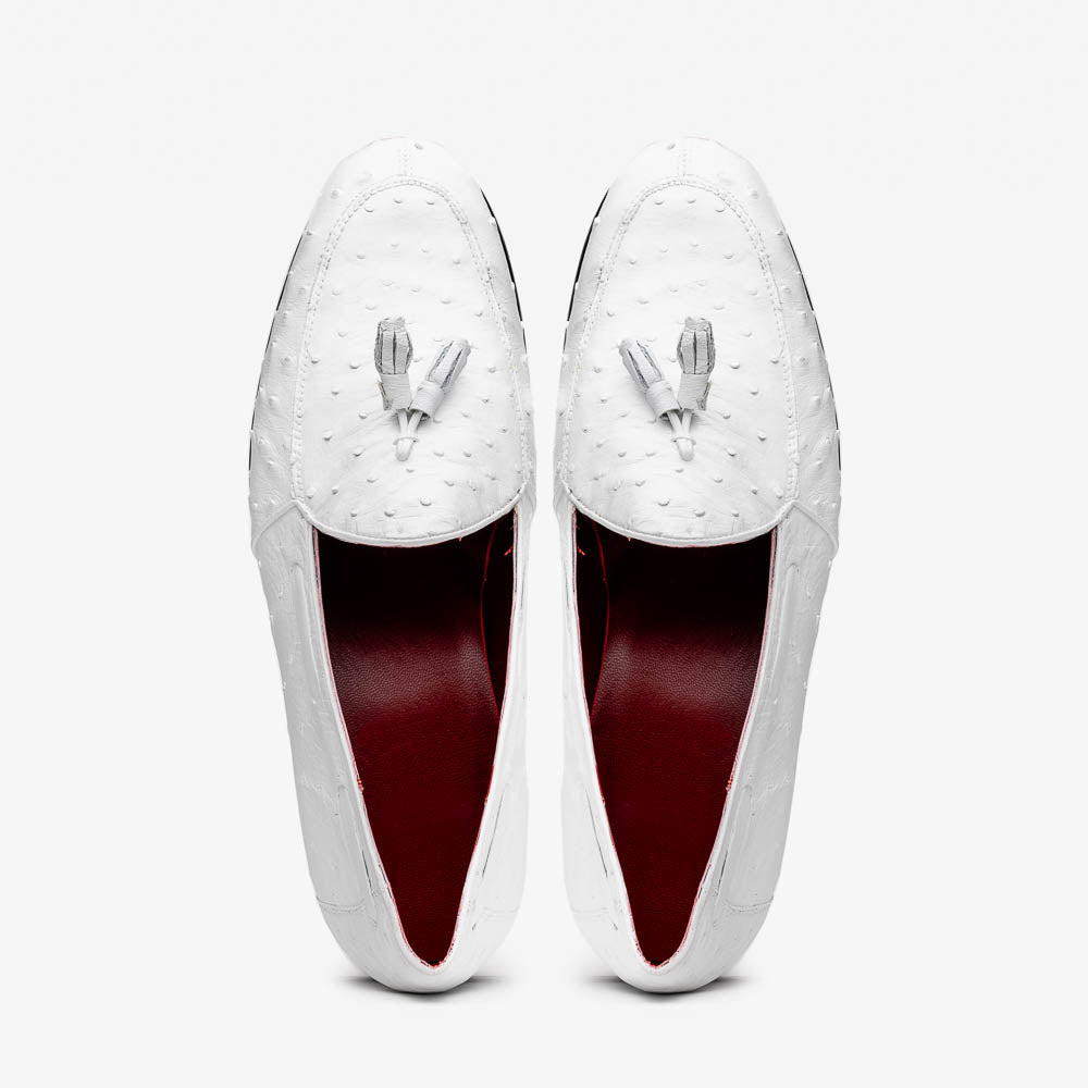 Aubiere Genuine Ostrich Quill Loafers Tassel Shoes White