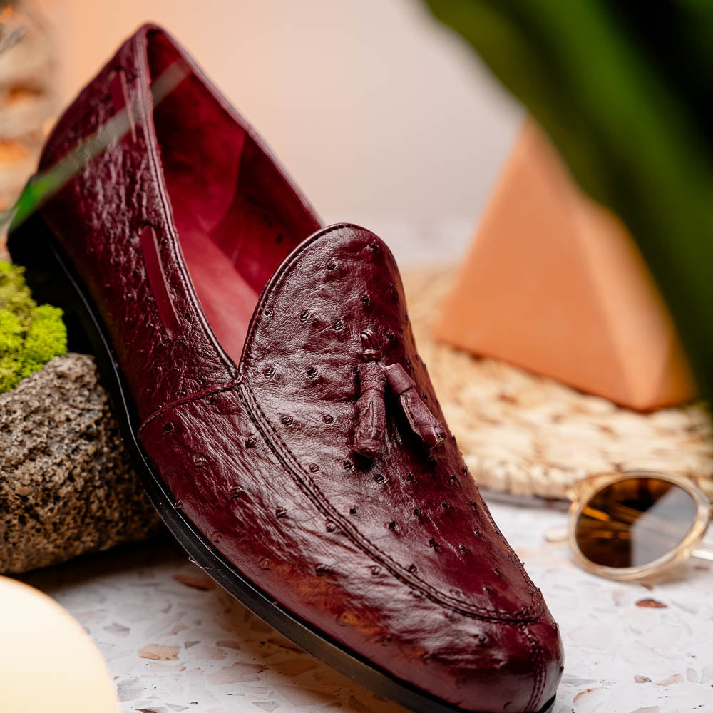Aubiere Genuine Ostrich Quill Slip on Shoes Wine