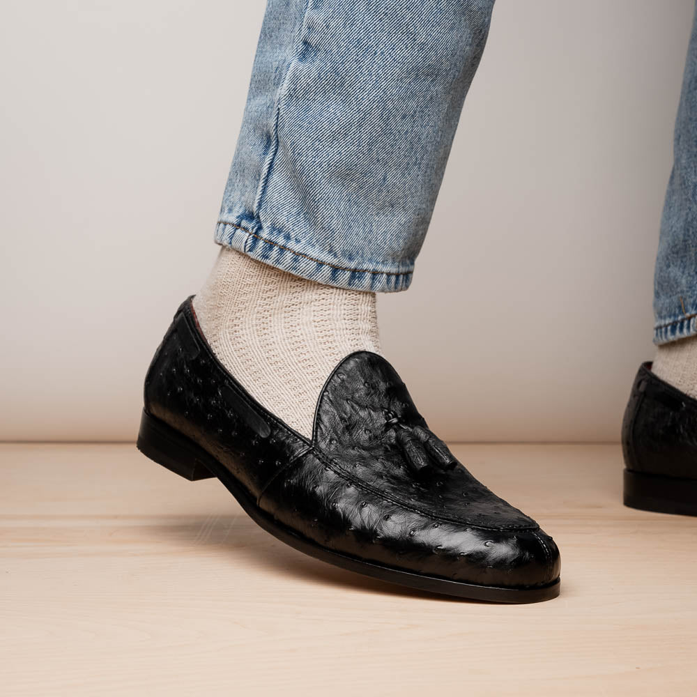 Aubiere Genuine Ostrich Quill Tassel Loafers Black