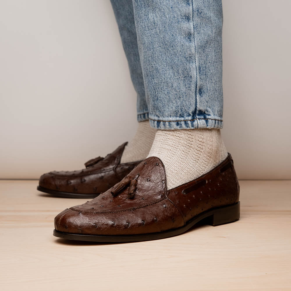 Aubiere Genuine Ostrich Quill Dress Tassel Loafers Brown