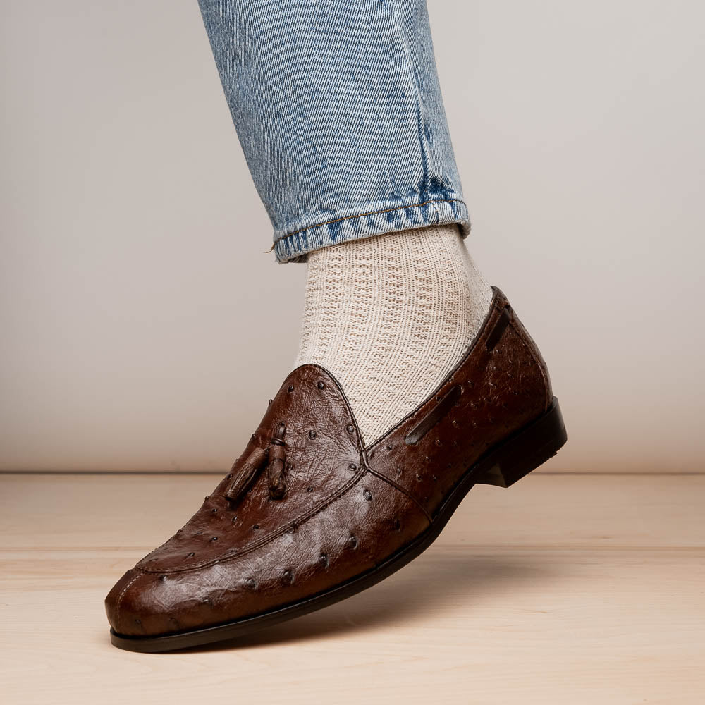 Aubiere Genuine Ostrich Quill Dress Tassel Loafers Brown