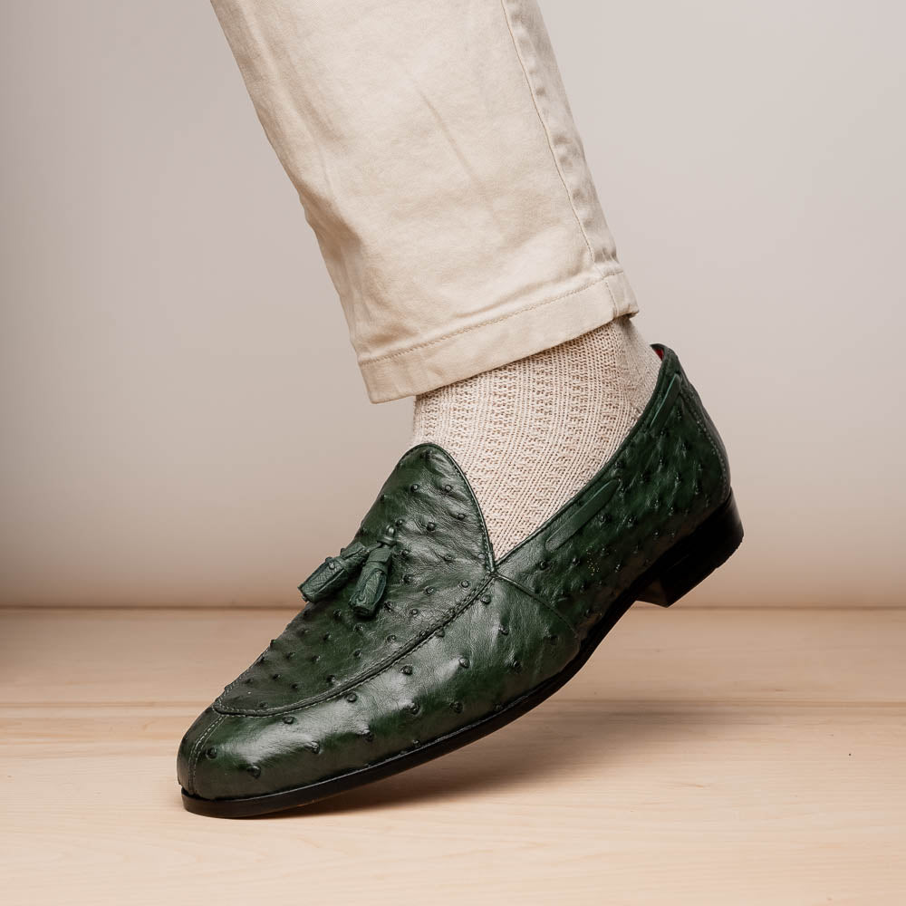Aubiere Genuine Ostrich Quill Tassel Loafers Shoes Forest Green
