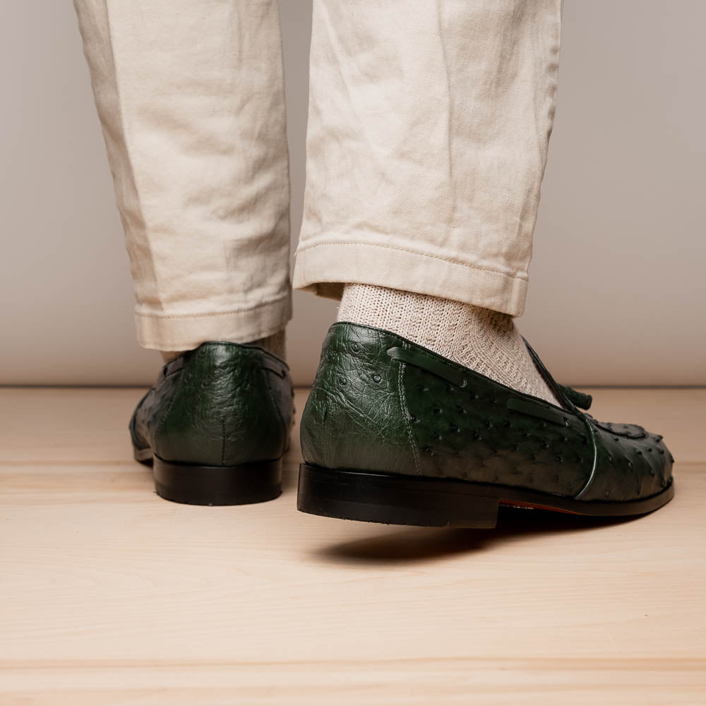 Aubiere Genuine Ostrich Quill Tassel Loafers Shoes Forest Green
