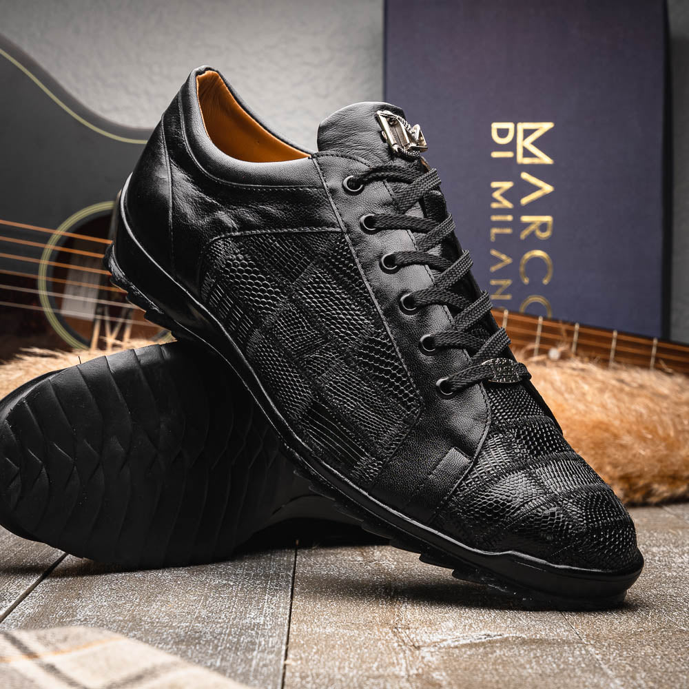 Bari Genuine Lizard Fashion Sneaker Patchwork Design Black