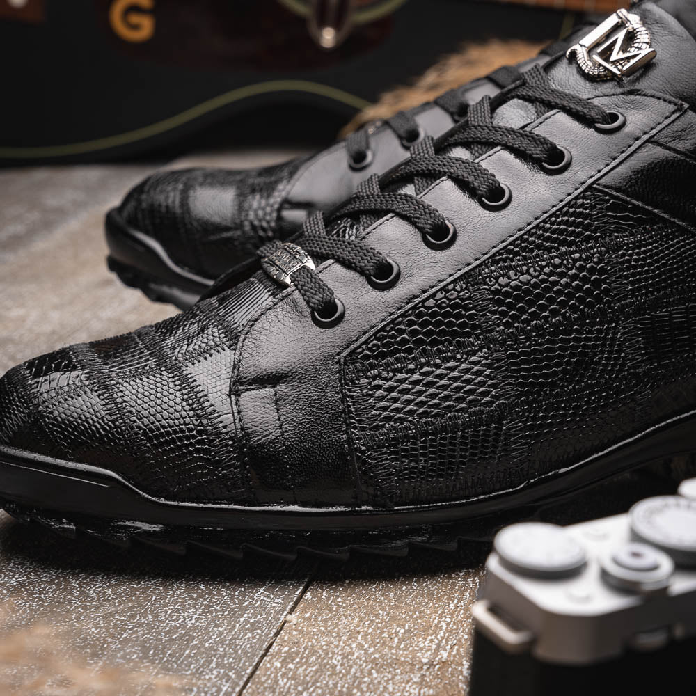 Bari Genuine Lizard Fashion Sneaker Patchwork Design Black
