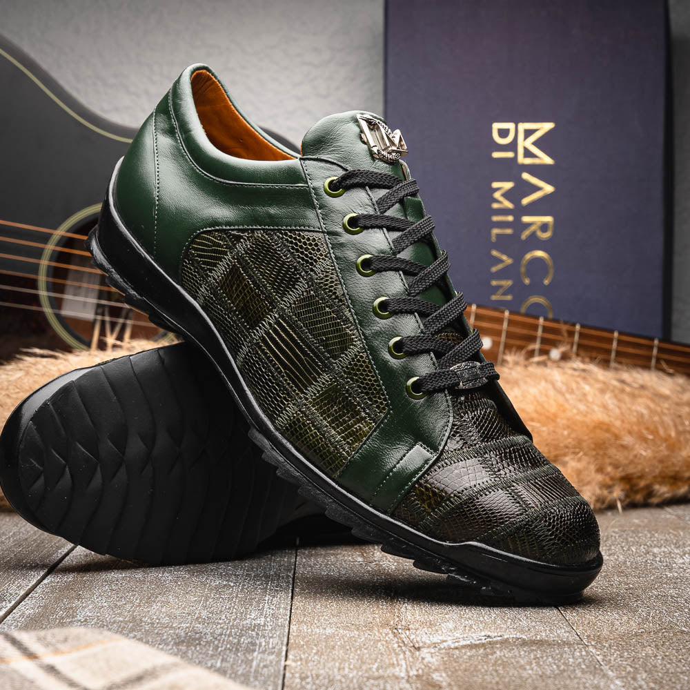 Bari Sport Genuine Lizard Fashion Sneaker Patchwork Design Green