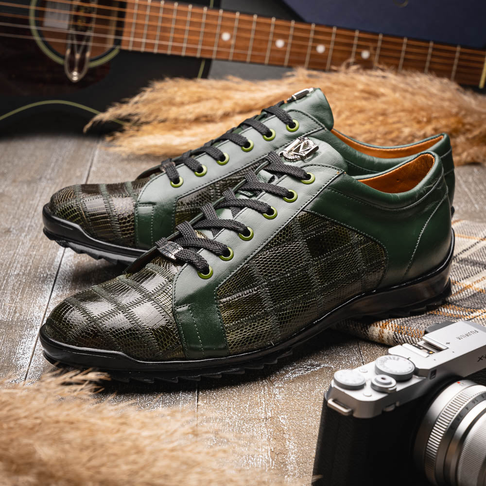 Bari Sport Genuine Lizard Fashion Sneaker Patchwork Design Green