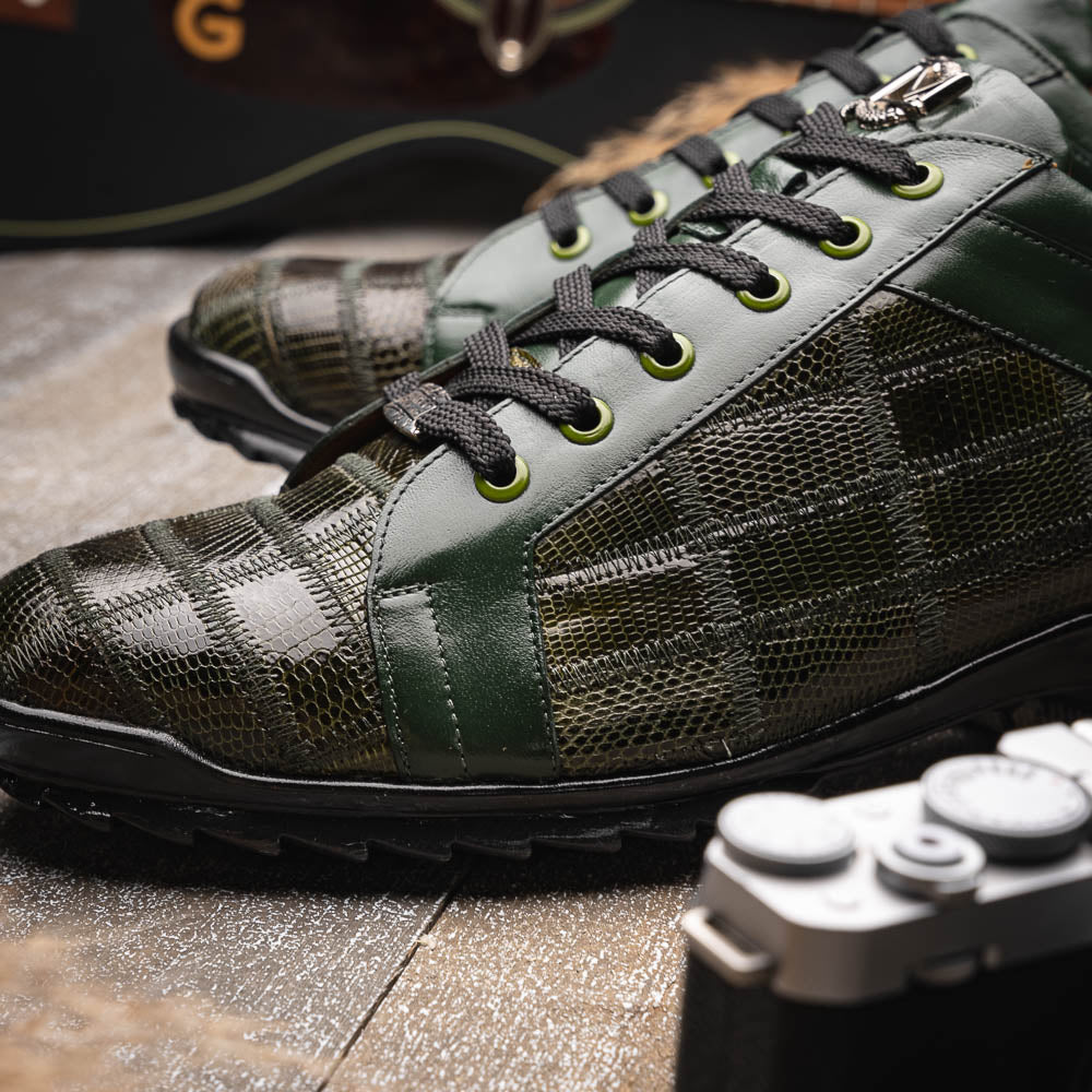 Bari Sport Genuine Lizard Fashion Sneaker Patchwork Design Green