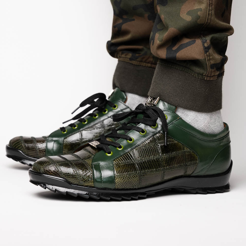 Bari Sport Genuine Lizard Fashion Sneaker Patchwork Design Green