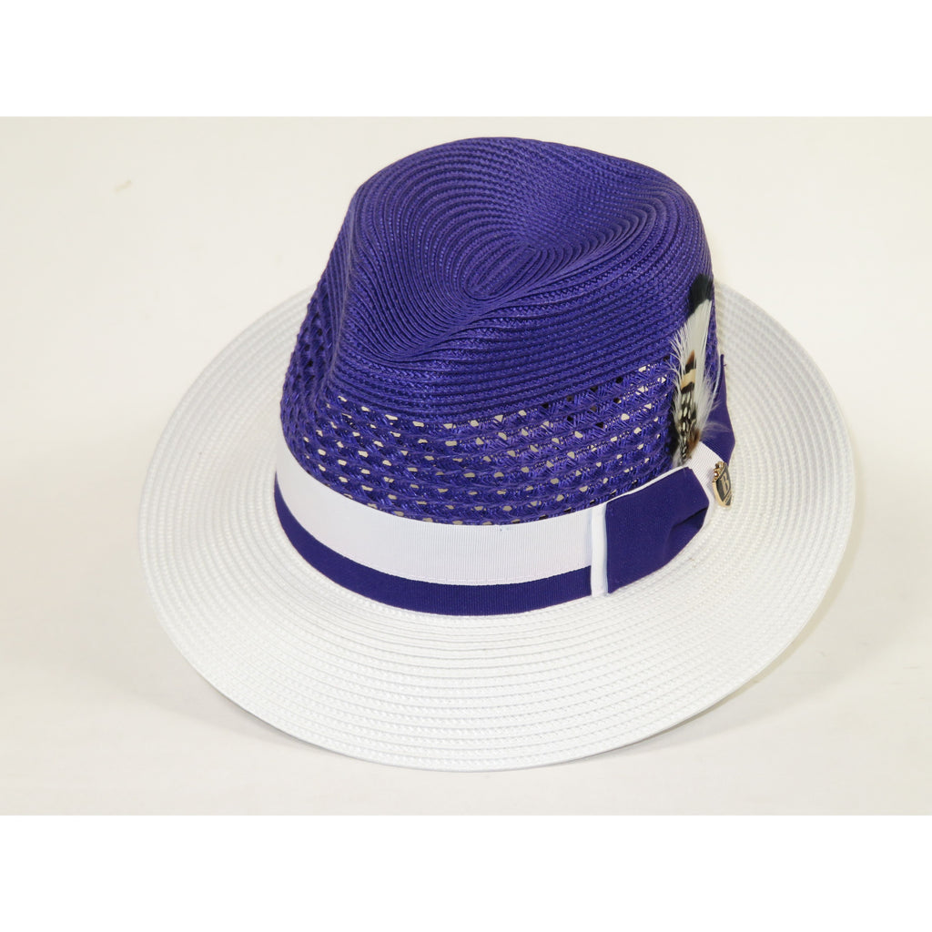 Men's Bruno Capelo Belvedere 2-Tone Straw Style Fedora Hat BD956 Purple/white