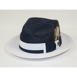 Men's Belvedere 2-Tone Straw Style Fedora Hat Snap Brim BD957 Navy White