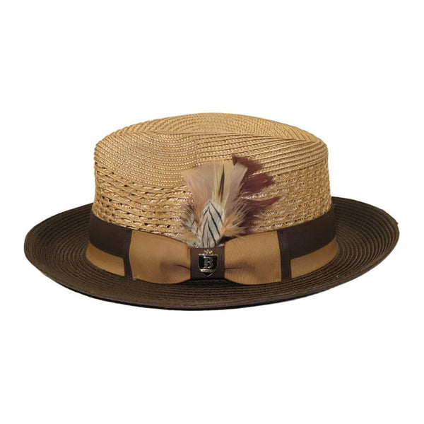 Men's Belvedere 2-Tone Straw Style Fedora Hat Snap Brim BD959 Tan Brown