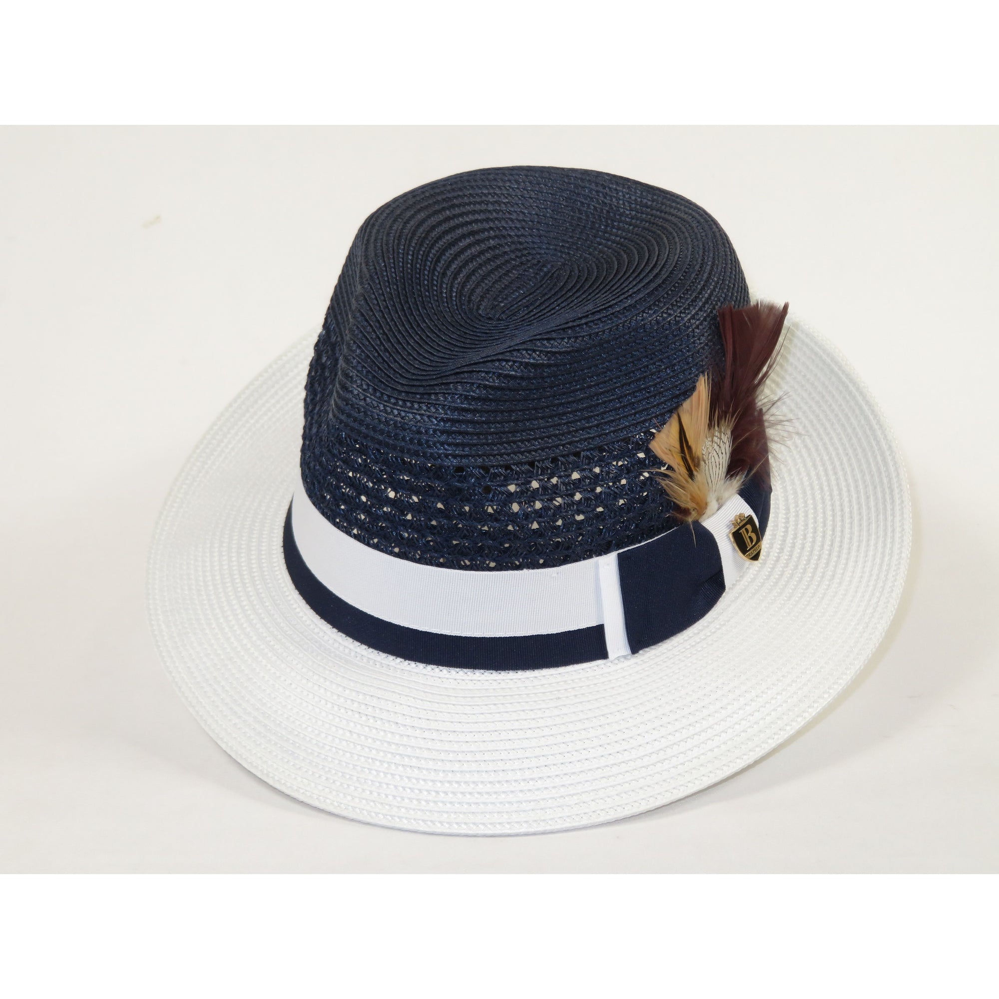 Men's Bruno Capelo Belvedere 2-Tone Straw Style Fedora Hat BD967 Navy/white