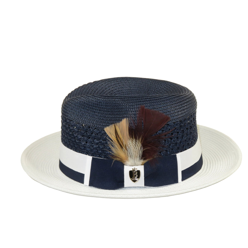 Men's Bruno Capelo Belvedere 2-Tone Straw Style Fedora Hat BD967 Navy/white
