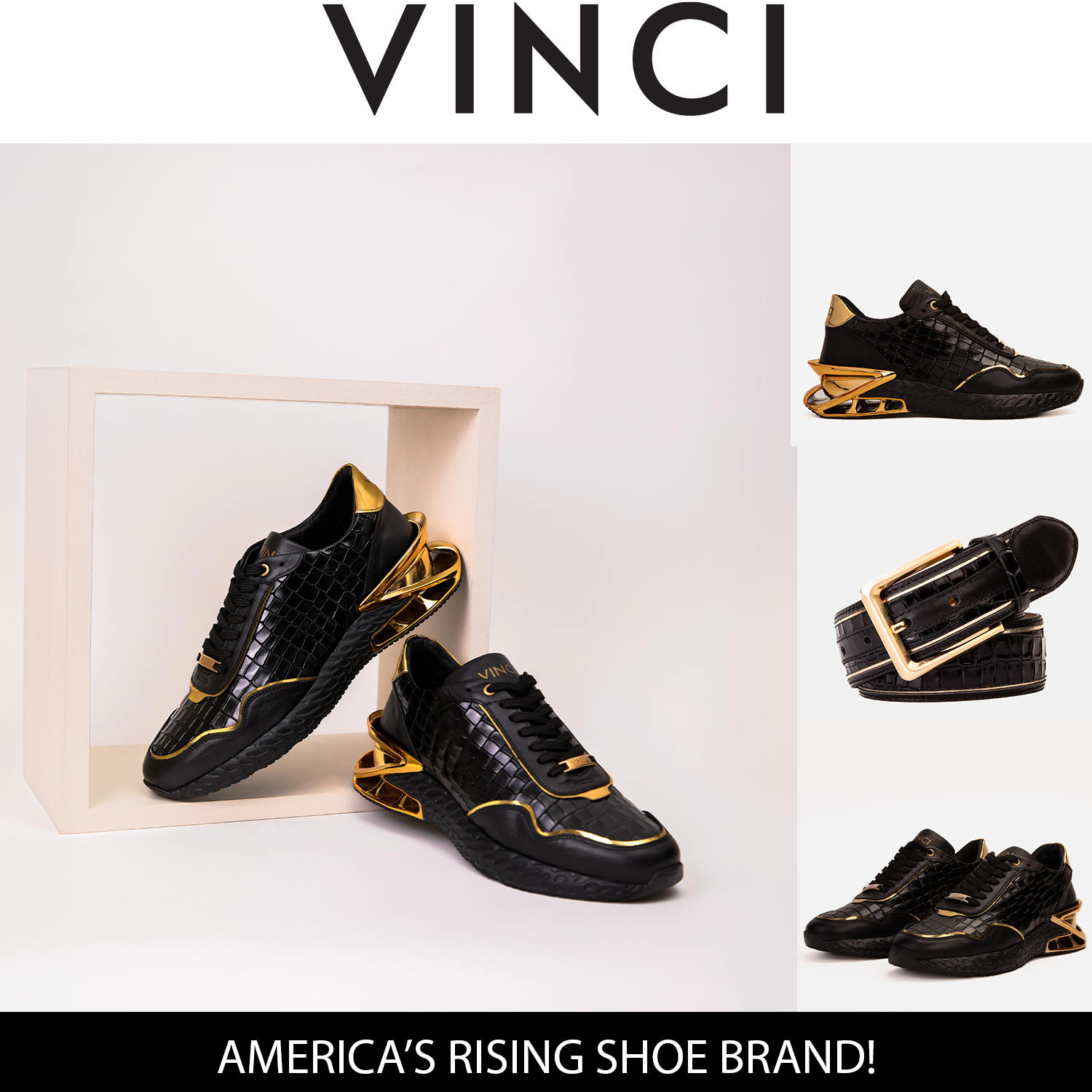 Vinci The Bellagio Black & Gold Leather Men Sneaker