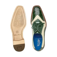 Belvedere Ostrich Quill Italian Leather Wingtip Shoes Sesto Forest/Cream - J.Valintin Men's Wear Legend - R54 - Green Cream - 9