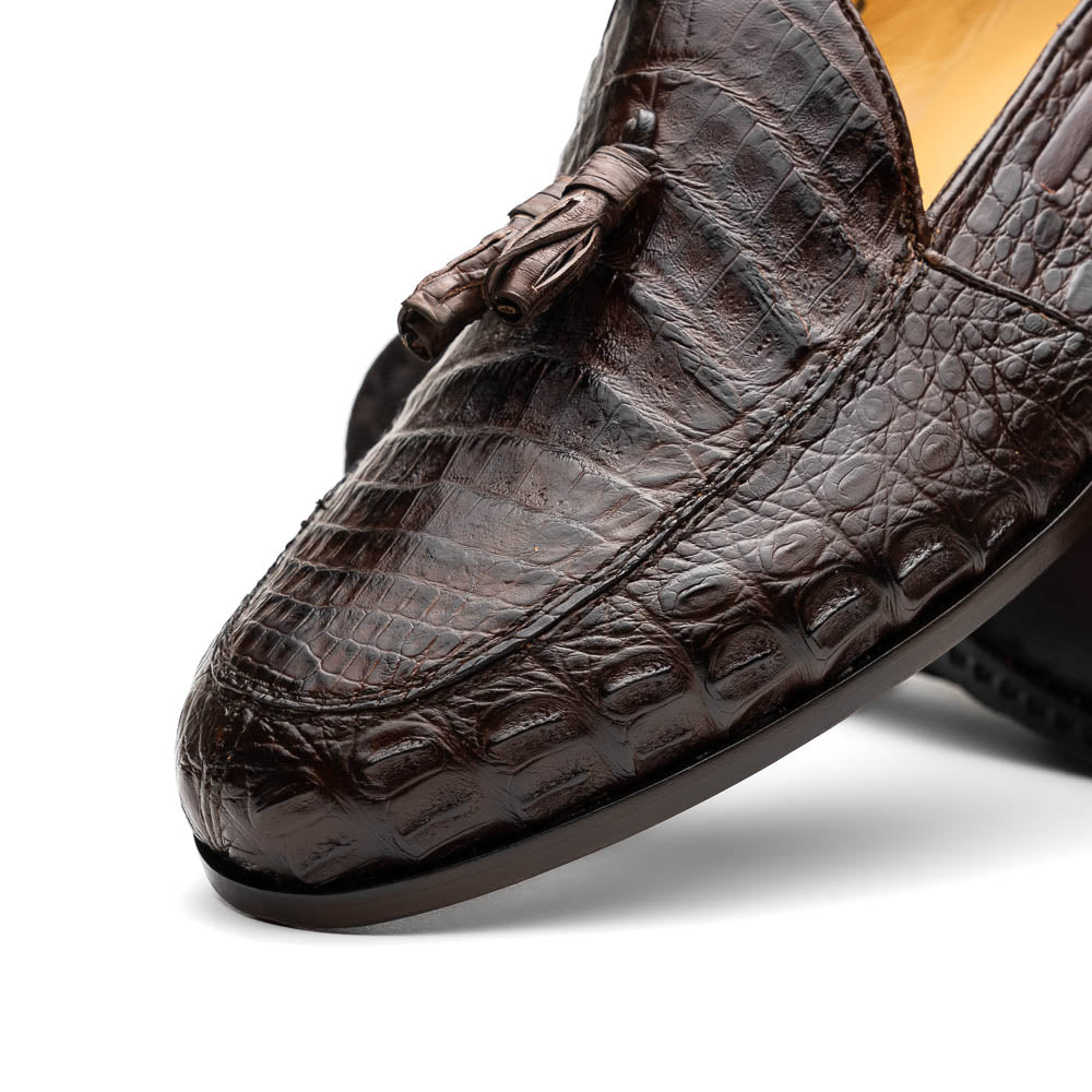 Bianchi Genuine Caiman Crocodile Tassel Loafers Brown