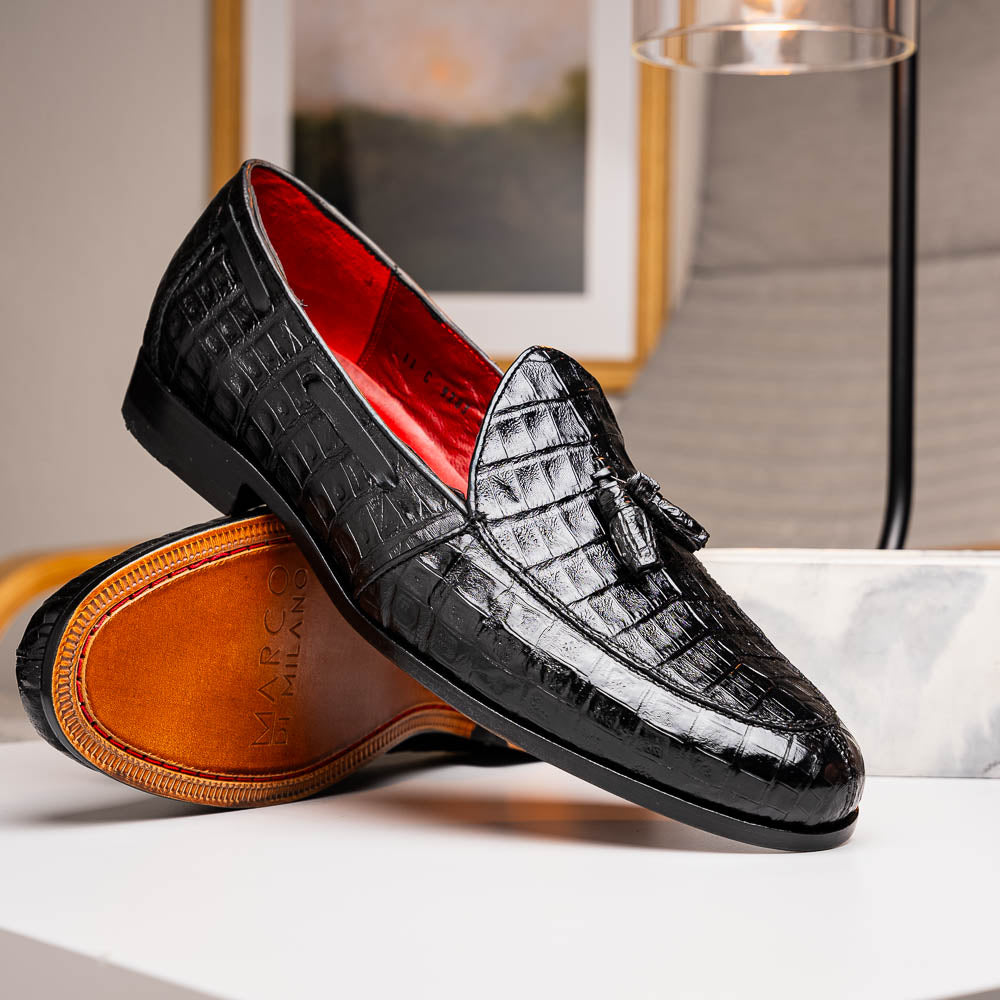 Bianchi Genuine caiman Crocodile Dress Loafers Black