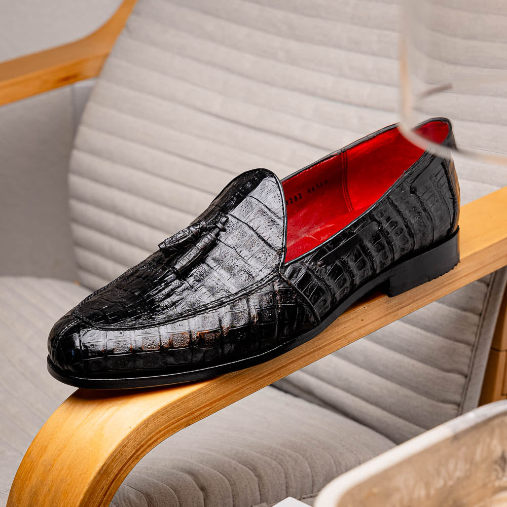 Bianchi Genuine caiman Crocodile Dress Loafers Black