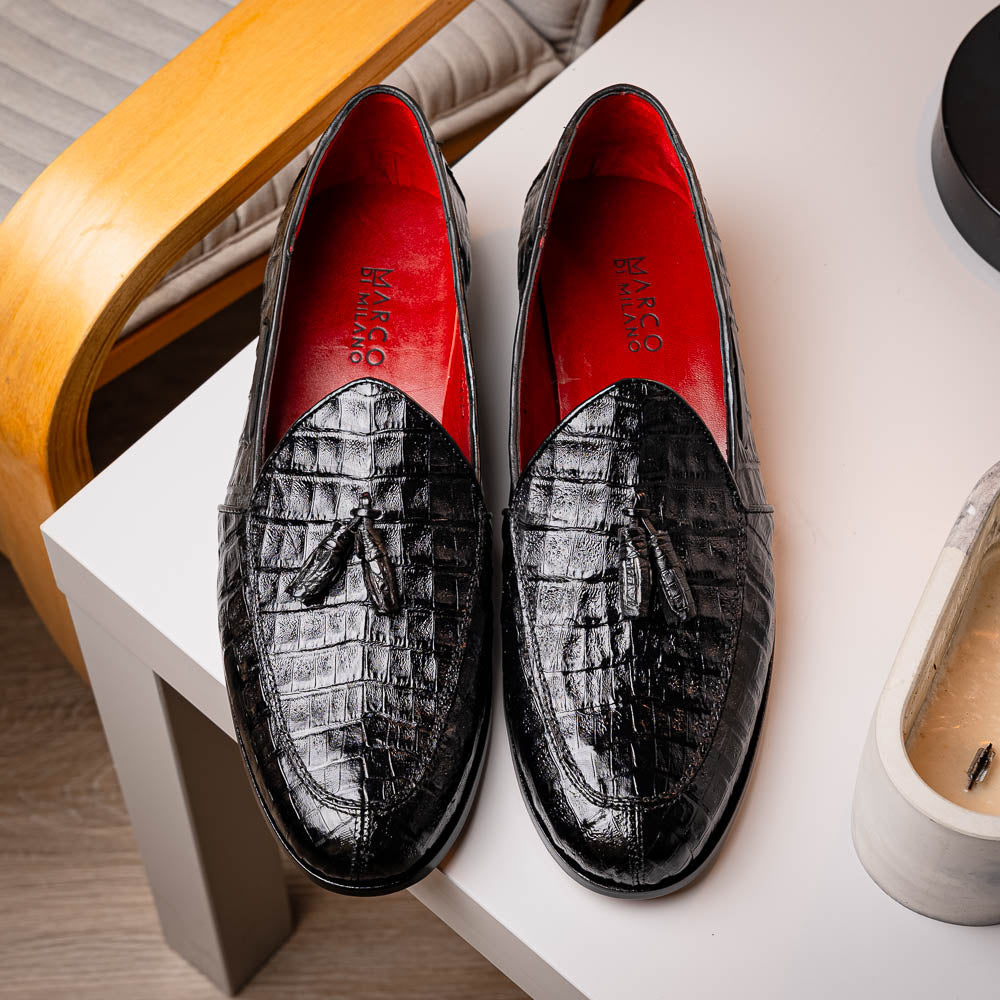 Bianchi Genuine caiman Crocodile Dress Loafers Black