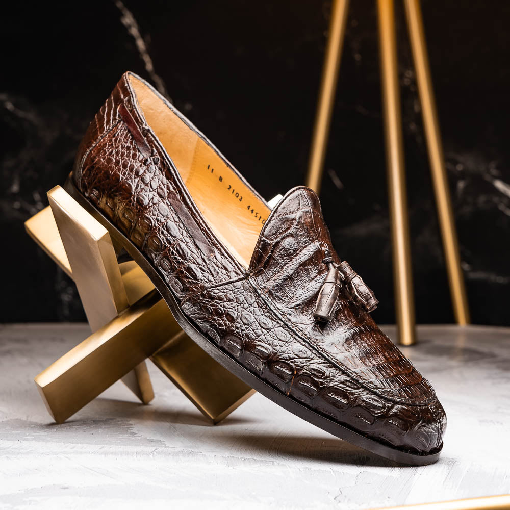 Bianchi Genuine Caiman Crocodile Tassel Loafers Brown