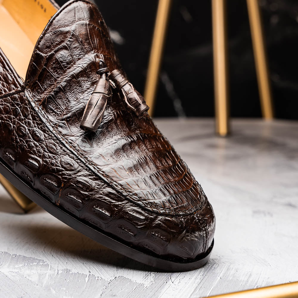 Bianchi Genuine Caiman Crocodile Tassel Loafers Brown