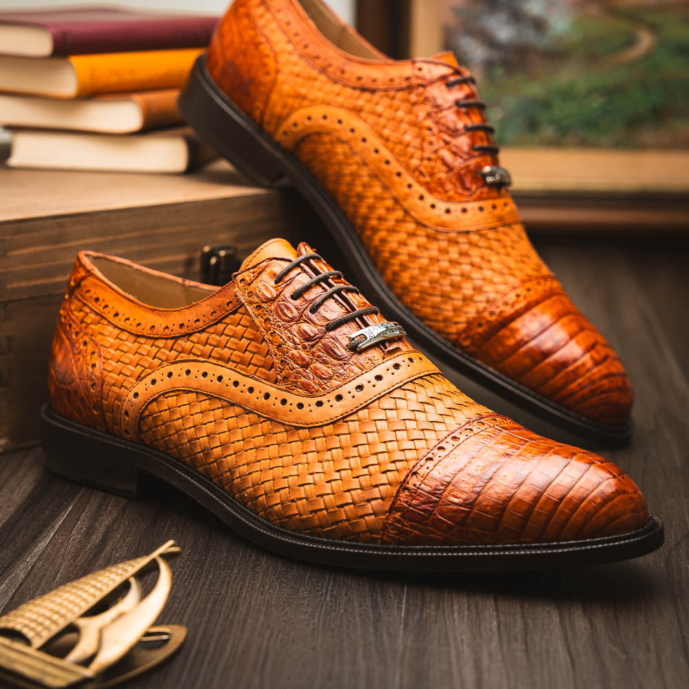 John Classic Dress Shoes Oxford Woven Calfskin Leather Brandy