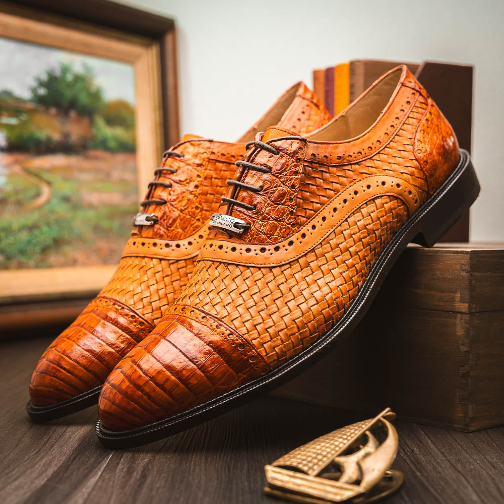 John Classic Dress Shoes Oxford Woven Calfskin Leather Brandy