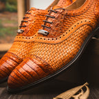 John Classic Dress Shoes Oxford Woven Calfskin Leather Brandy