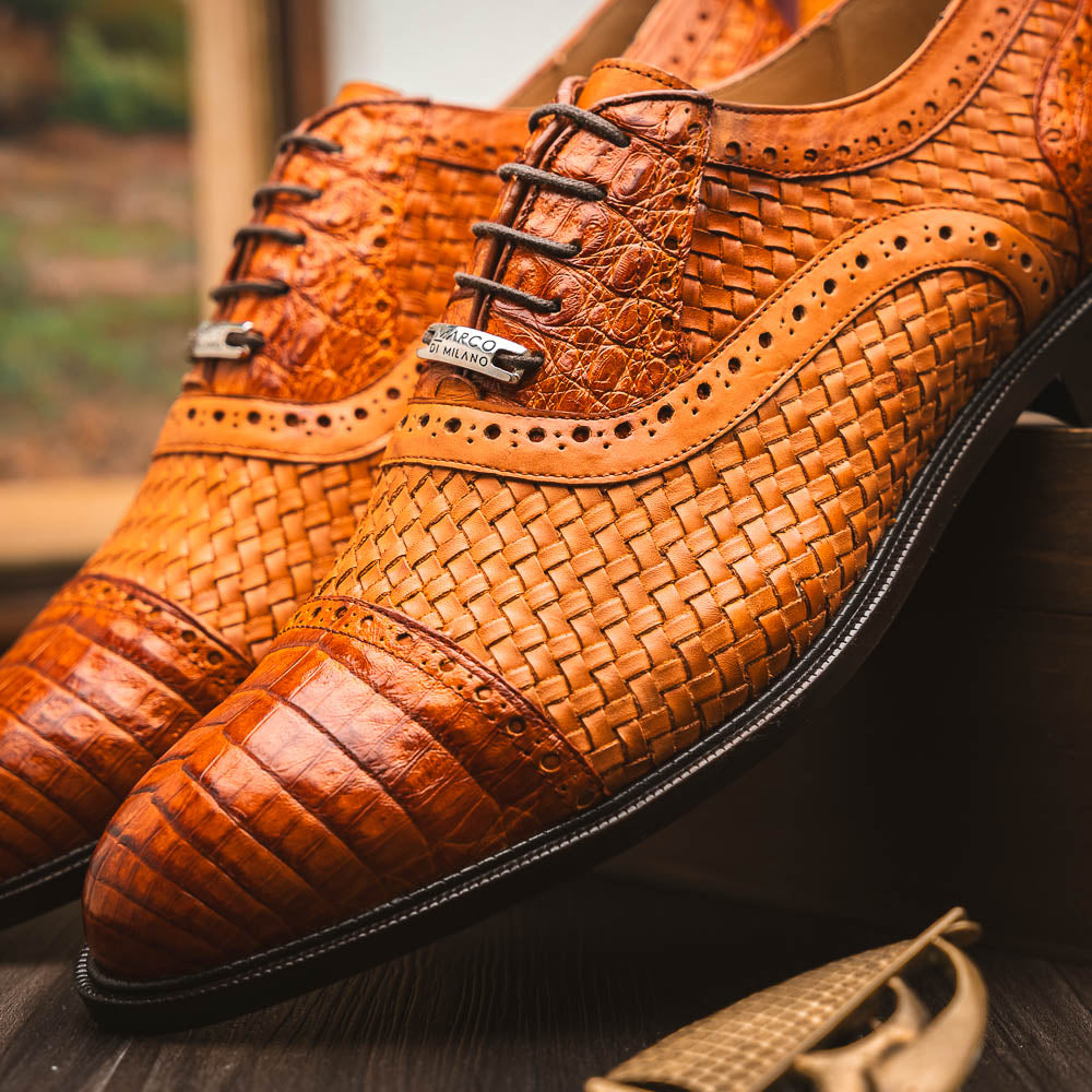 John Classic Dress Shoes Oxford Woven Calfskin Leather Brandy