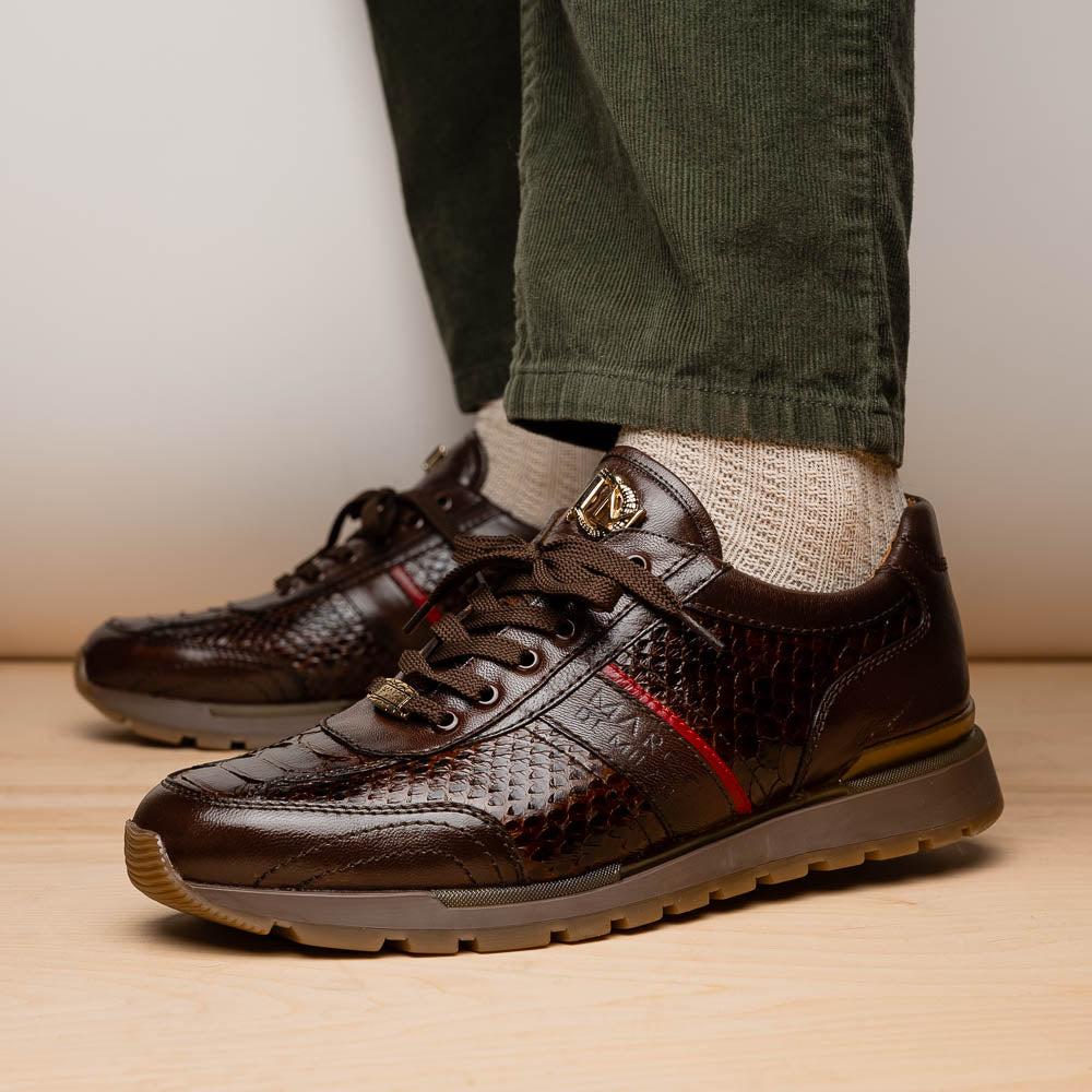 Brescia Snake and Classic Calfskin Fashion Sneaker Brown